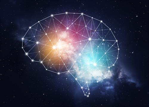 Digitales Gehirn im Vordergrund des Universums